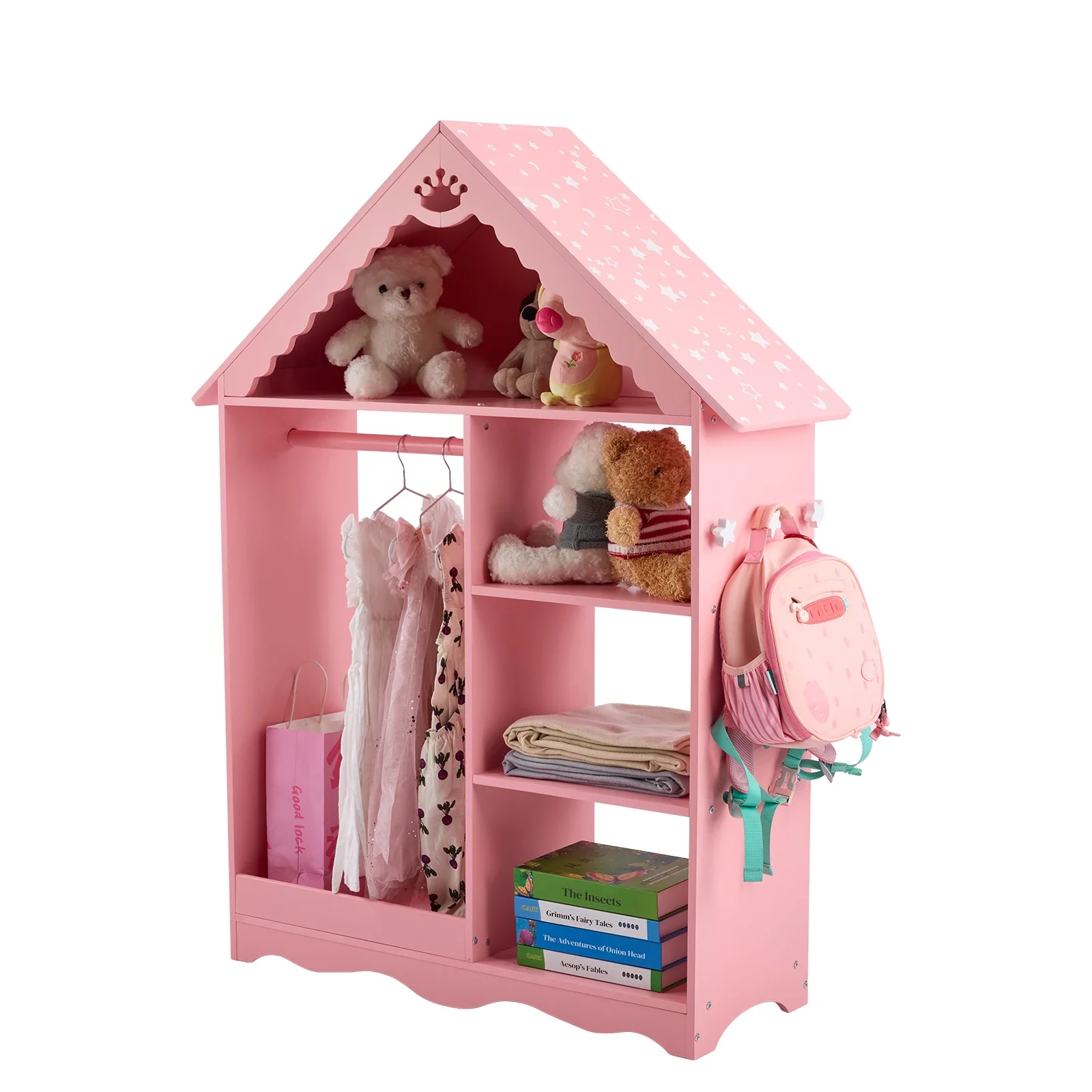 Lemari pakaian anak-anak, MDF bermotif bintang warna pink dan putih, dicat semprot, 1 cermin, rak 3 tingkat, 1 gantungan baju