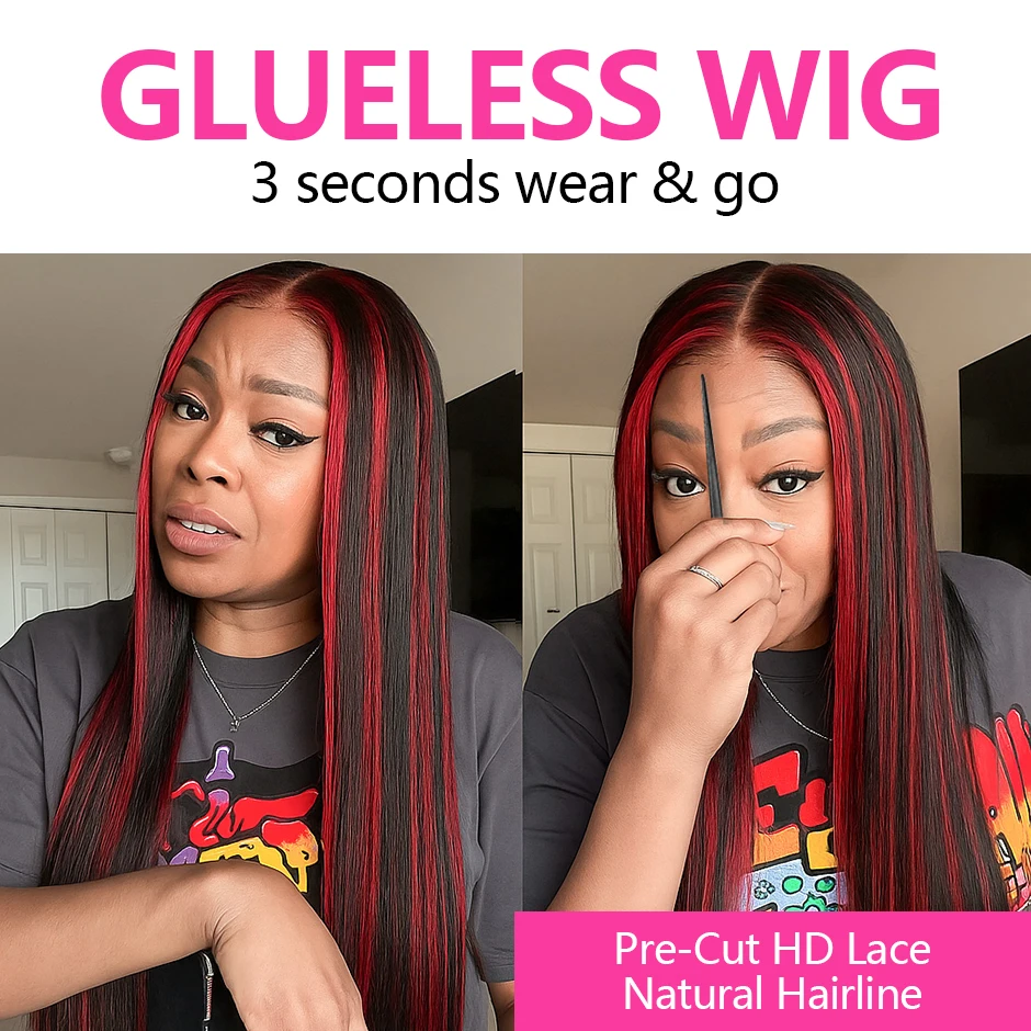No Silk 1B/99J Highlight Straight 5x5 Glueless Wig Human Hair Vietnamese PrePlucked Ombre Red With Black Colored Lace Front Wigs image 3