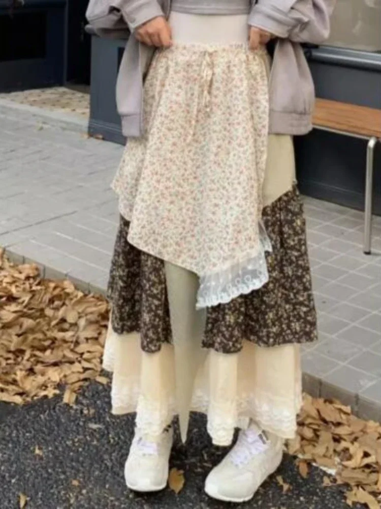 

Heavy Vintage Patchwork Floral Print Skirt for Women Y2k High Waist Loose Skirts 2025 Autumn New Ruched Cake Faldas Mujer