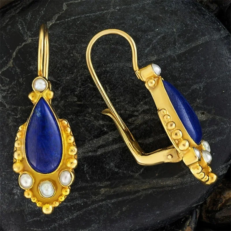 Luxury Oval Geometry Earrings for Women Gold Color Imitation Pearl Blue Stone Metal Hook Earrings for Women Jewelry