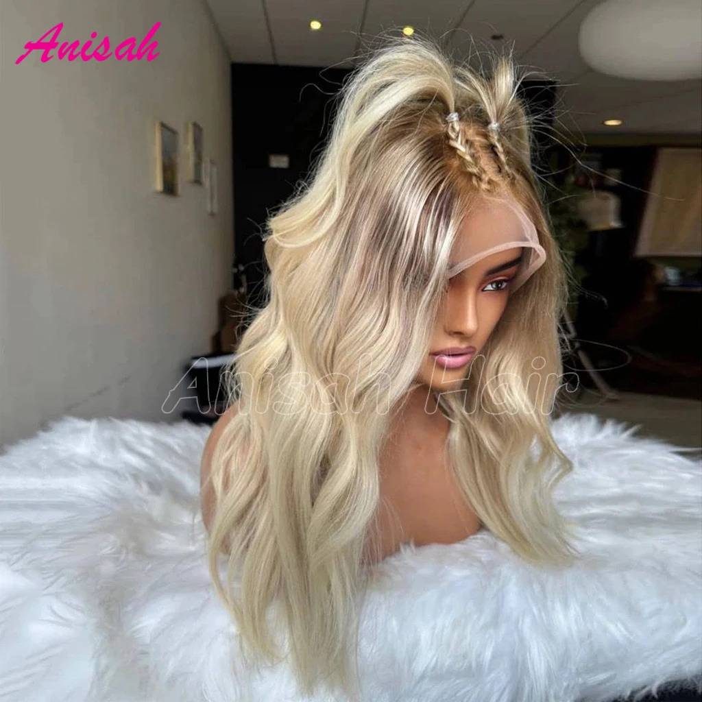 Ombre Blonde 13X4 Transparent Lace Front Human Hair Wig for Women Dark Root Body Wave Blonde 5X5 Lace Closure Wig Pre Plucked image 5