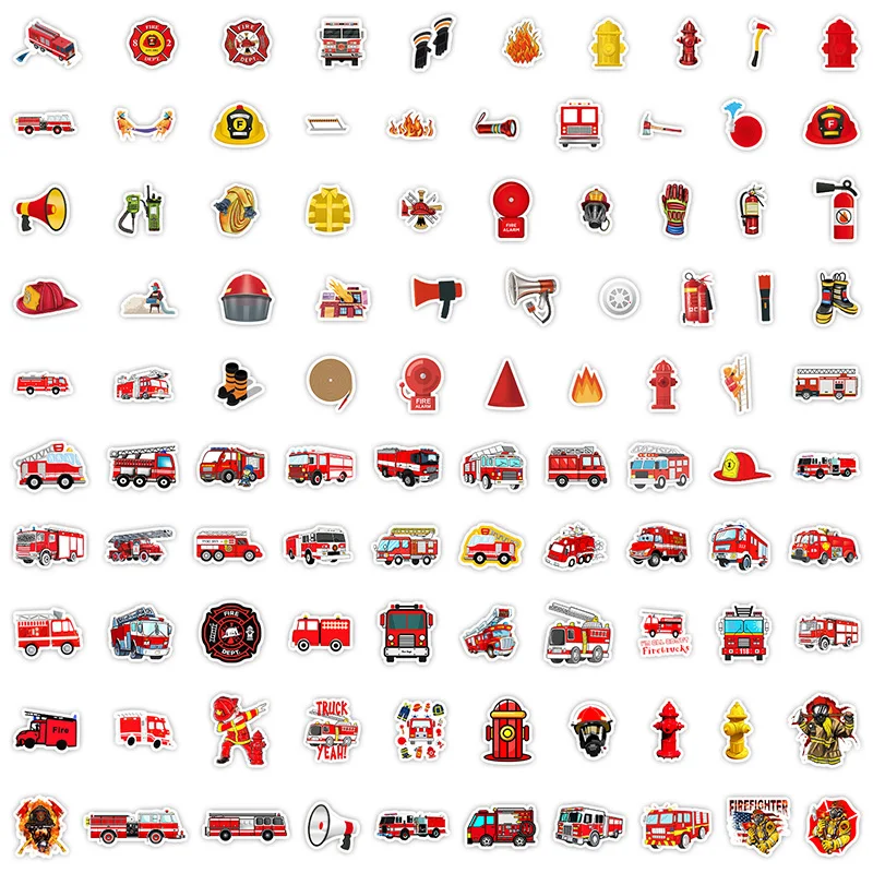 100 Pcs/set Fire Trucks Firefighters Fire Tools Cognitive Graffiti Stickers Creative Cup Luggage Decorative Notebook Sticker