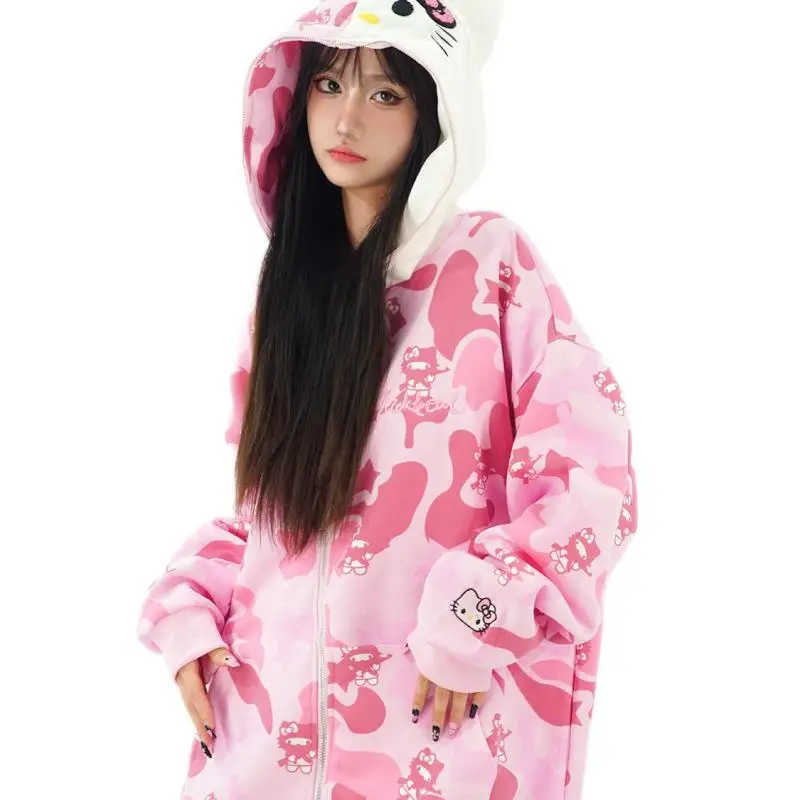 Kawaii Anime Hellokittys Cute and Sweet Full Printed Camouflage Cartoon Hooded Sweatshirt Zipper Jacket Cardigan for Girls