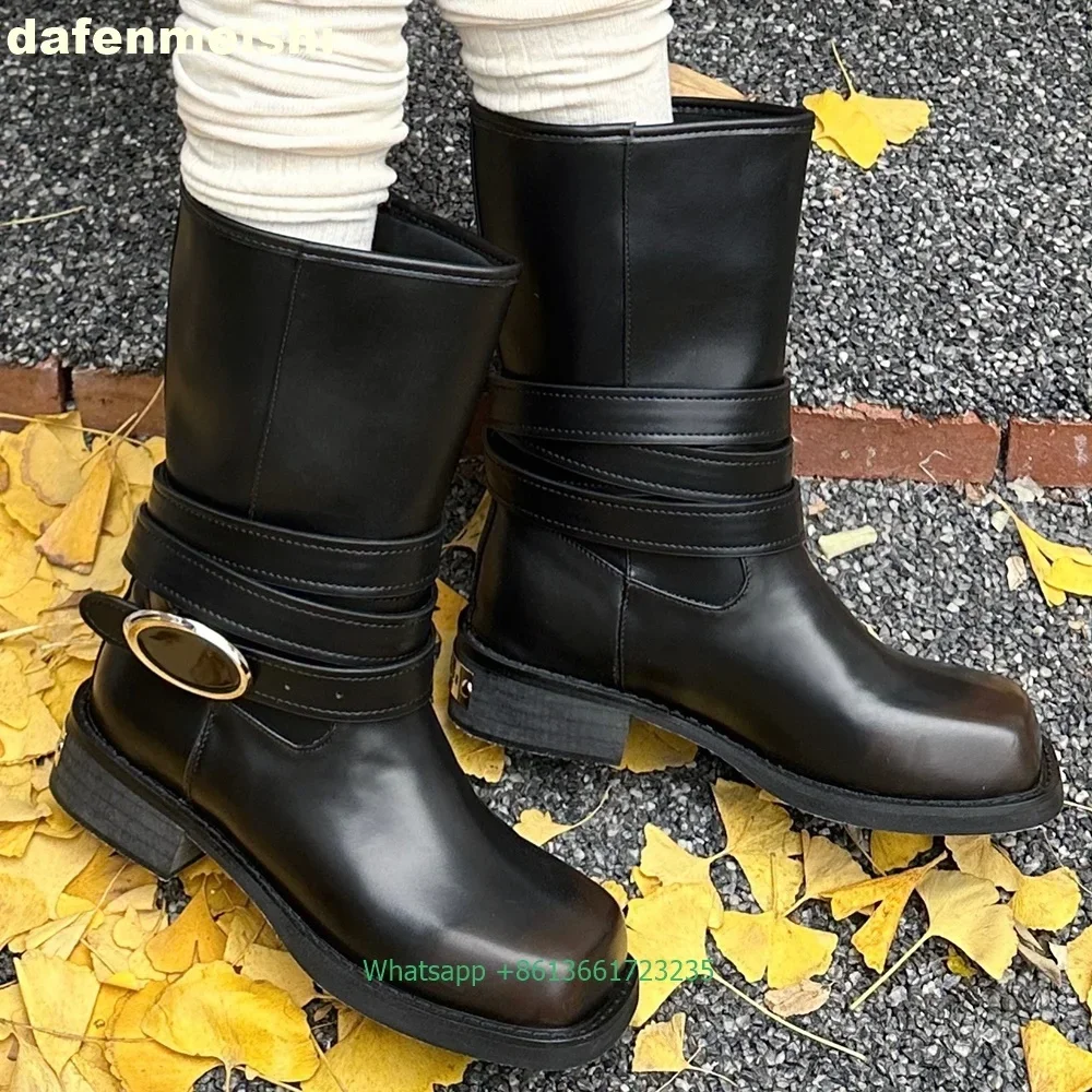 

2025 New Woman Knight Boots Ankle Straps Metal Buckle Square Toe High Boots Thick Heel Platform Western Cowboy Boots