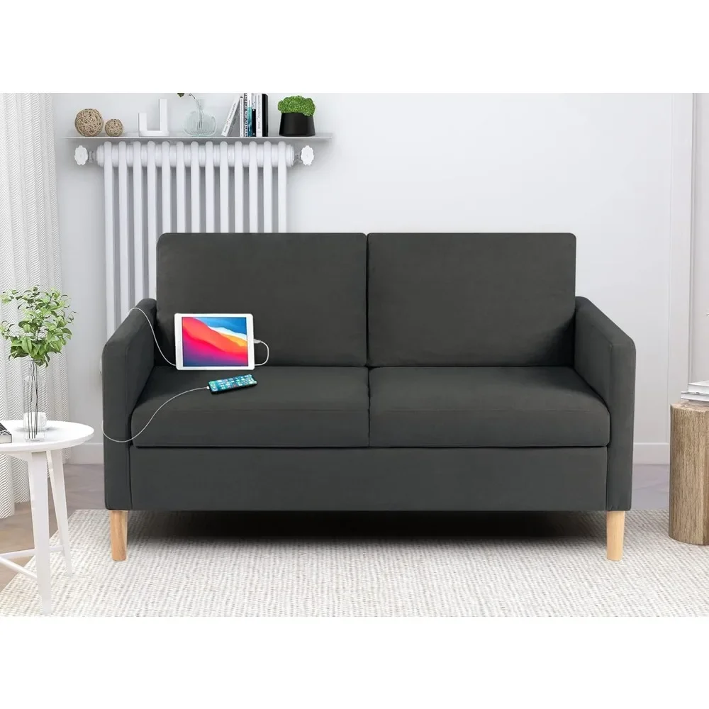 Modern Small Loveseat Sofa with 2 USB Charging Ports, Teddy Short Fleece Fabric Soft Couches, Upholstered 2-Seater