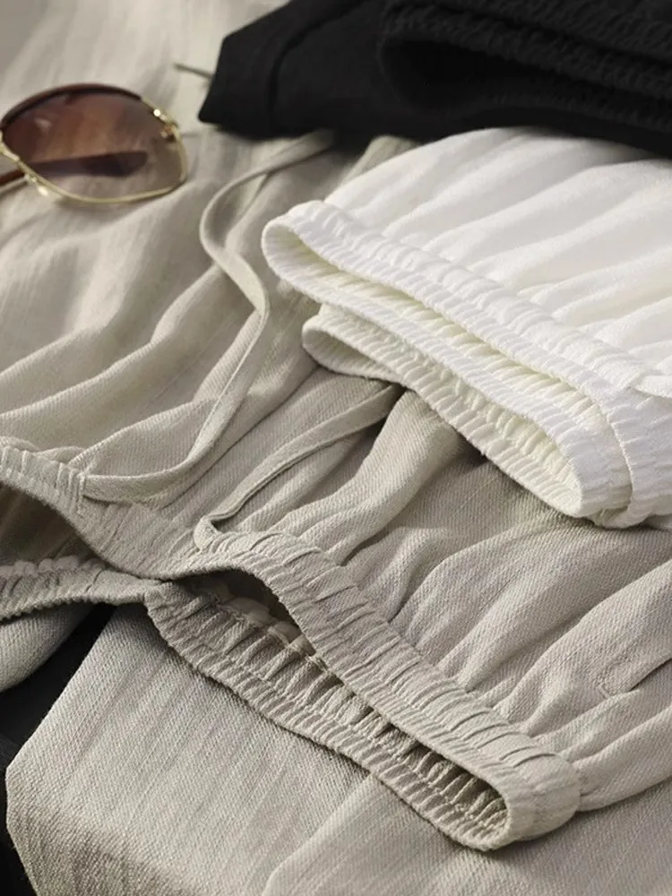 Pantaloni Casual in Misto Lino a Vita Alta, Gamba Larga, Elastico in Vita con Cordoncino, Taglio Dritto, Comodi e Ampi per Donna