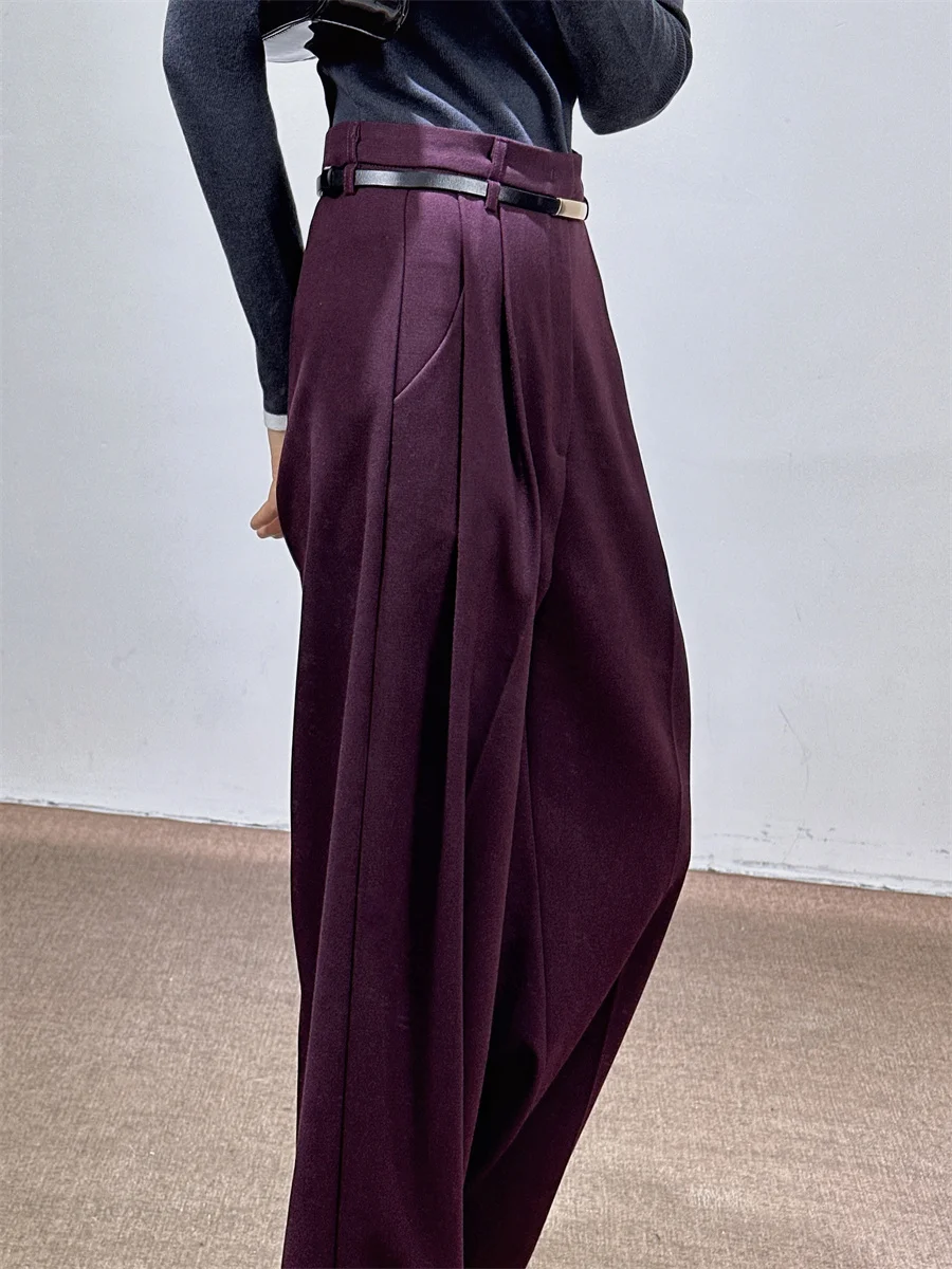 

Красные шерстяные брюки с высокой талией, прямые брюки для поездок на работу, повседневные брюки, осень-зима, Новое поступление, женская мода