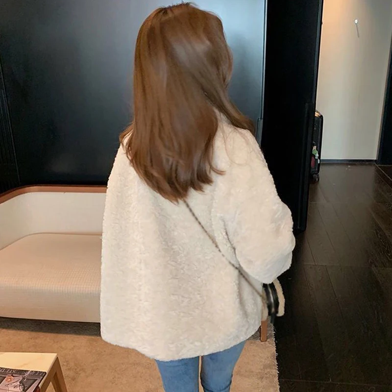 Artificial Lamb Plush Jacket Women Autumn Winter Long Sleeve Loose Stand Collar Sweet Coat Comfort Warm Jacket for Women