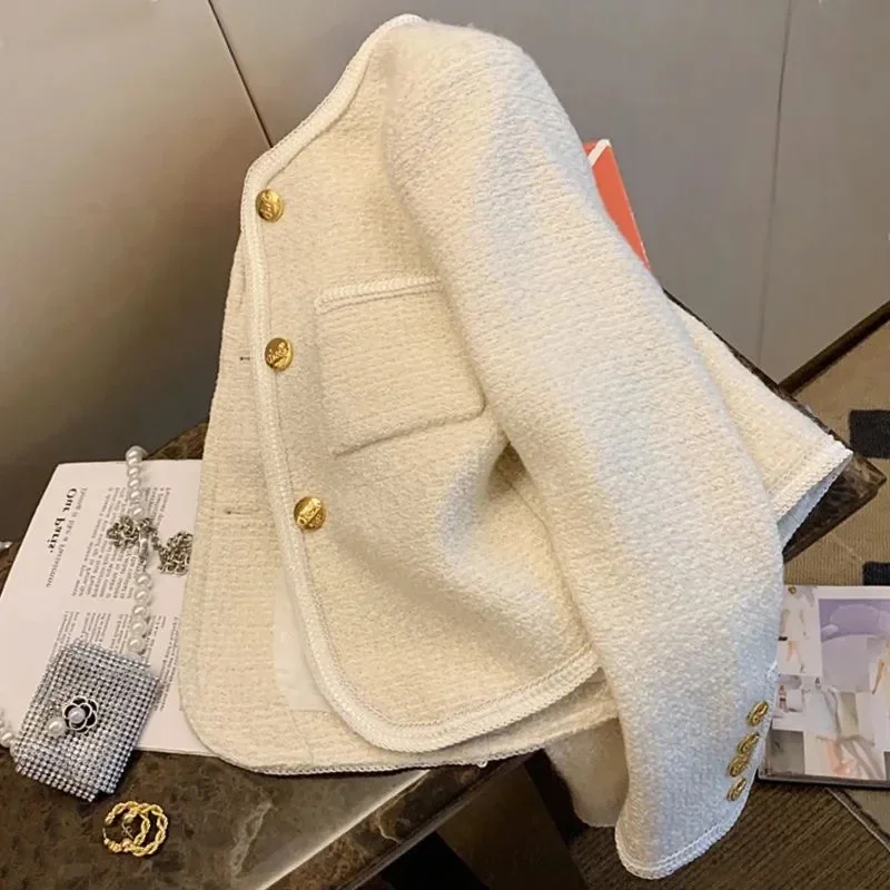 

Chic Female Small fragrant style Jacket Coat Women Clothing Short Jackets Round neck Front Button Female Outerwear Chic Tops