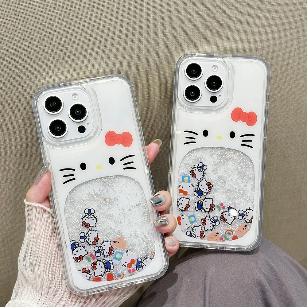 Luxury Quicksand Kawaii Hello Kitty Transparent Phone Case for IPhone 16 15 14 13 12 11 Pro Max Drop-resistant Back Cover Funda