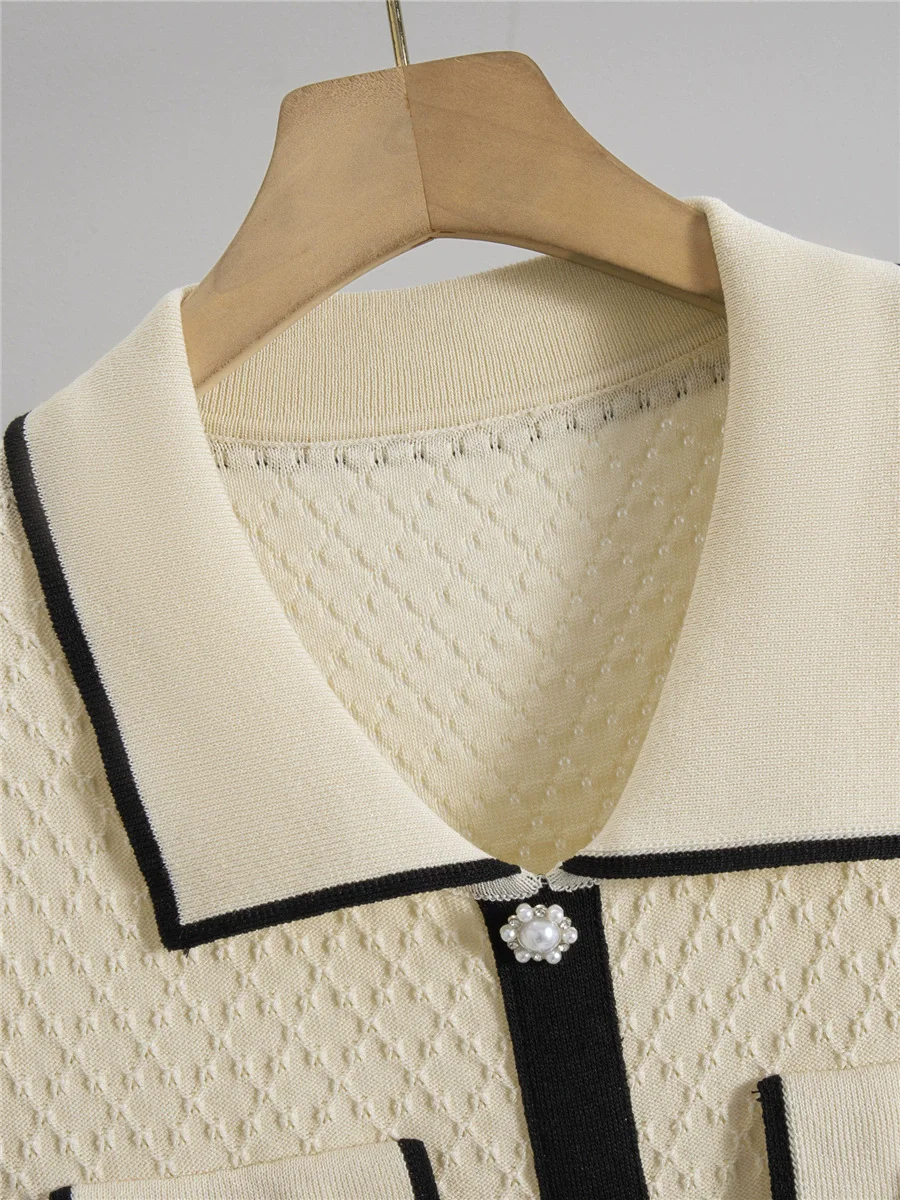 Design coreano elegante vestido forrado feminino polo pescoço de malha manga curta vestidos verão fino chique único breasted vestidos