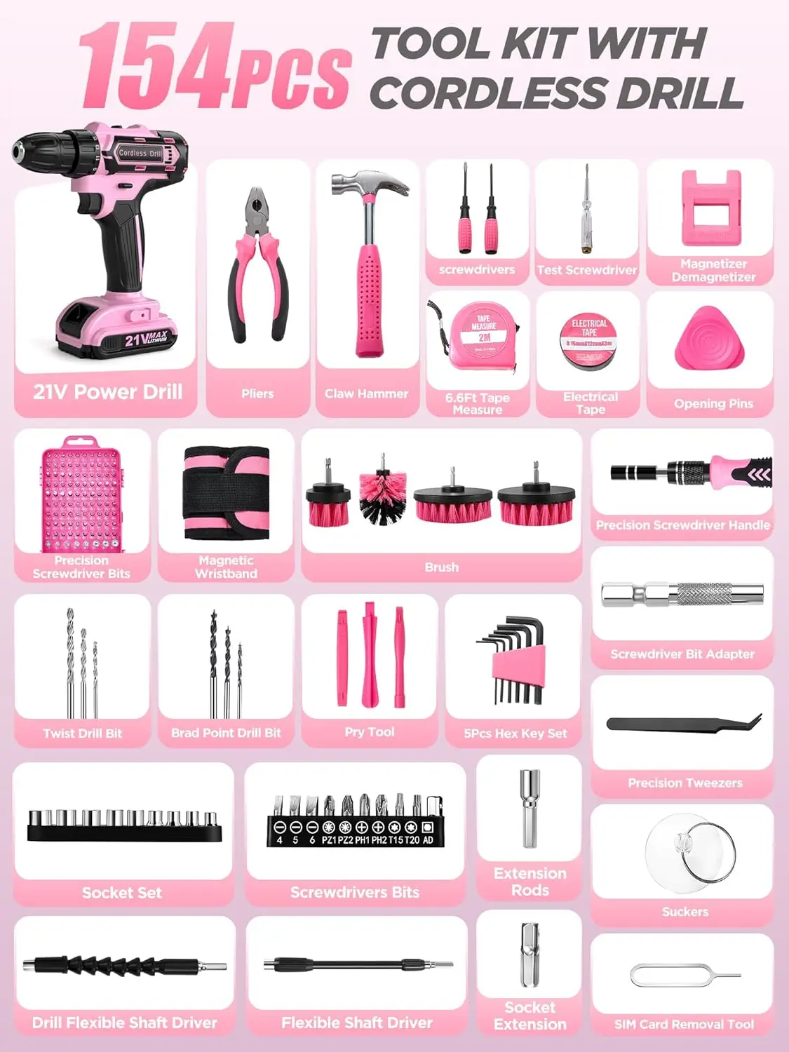Zestaw wiertarki akumulatorowej 154 elementy, wiertarka elektryczna 21V z torbą do przechowywania, magnetyczny pas narzędziowy, różowy