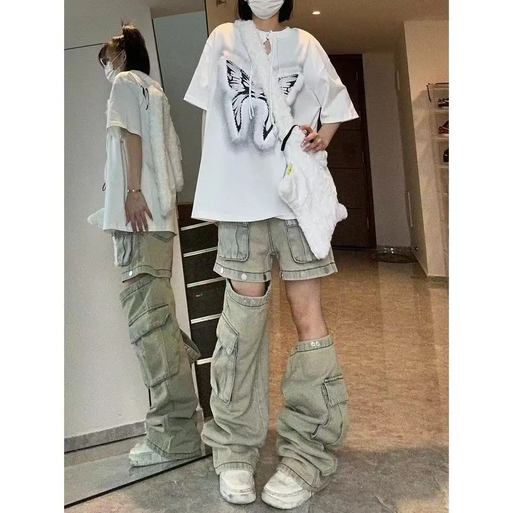 American Detachable Design Sense Tooling Loose Jeans Female Y2K Gothic Retro Fashion High Street Straight Feet Pants In Summer