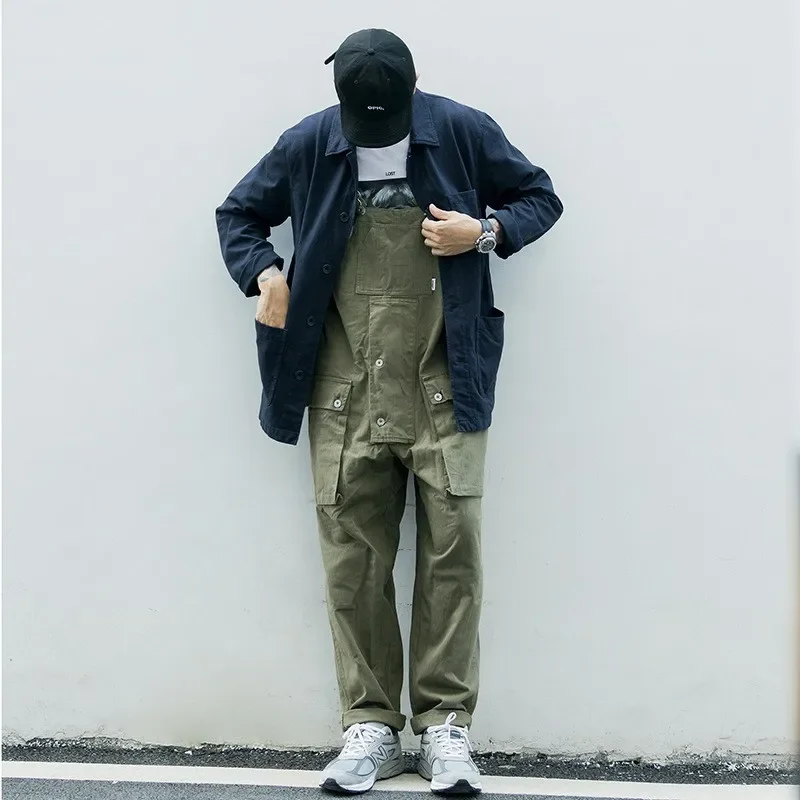 Men's American Casual Overalls Suspender Pants, Work Trousers with Long Pants, Amekaji Trendy Brand, Loose Suspender Pants.