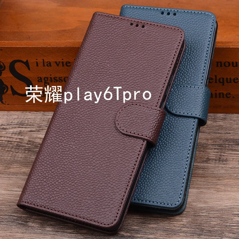 Hot Sales Luxury Lich Genuine Leather Flip Phone Case For Honor Play 6t Pro Real Cowhide Leather Shell Full Cover Pocket Bag