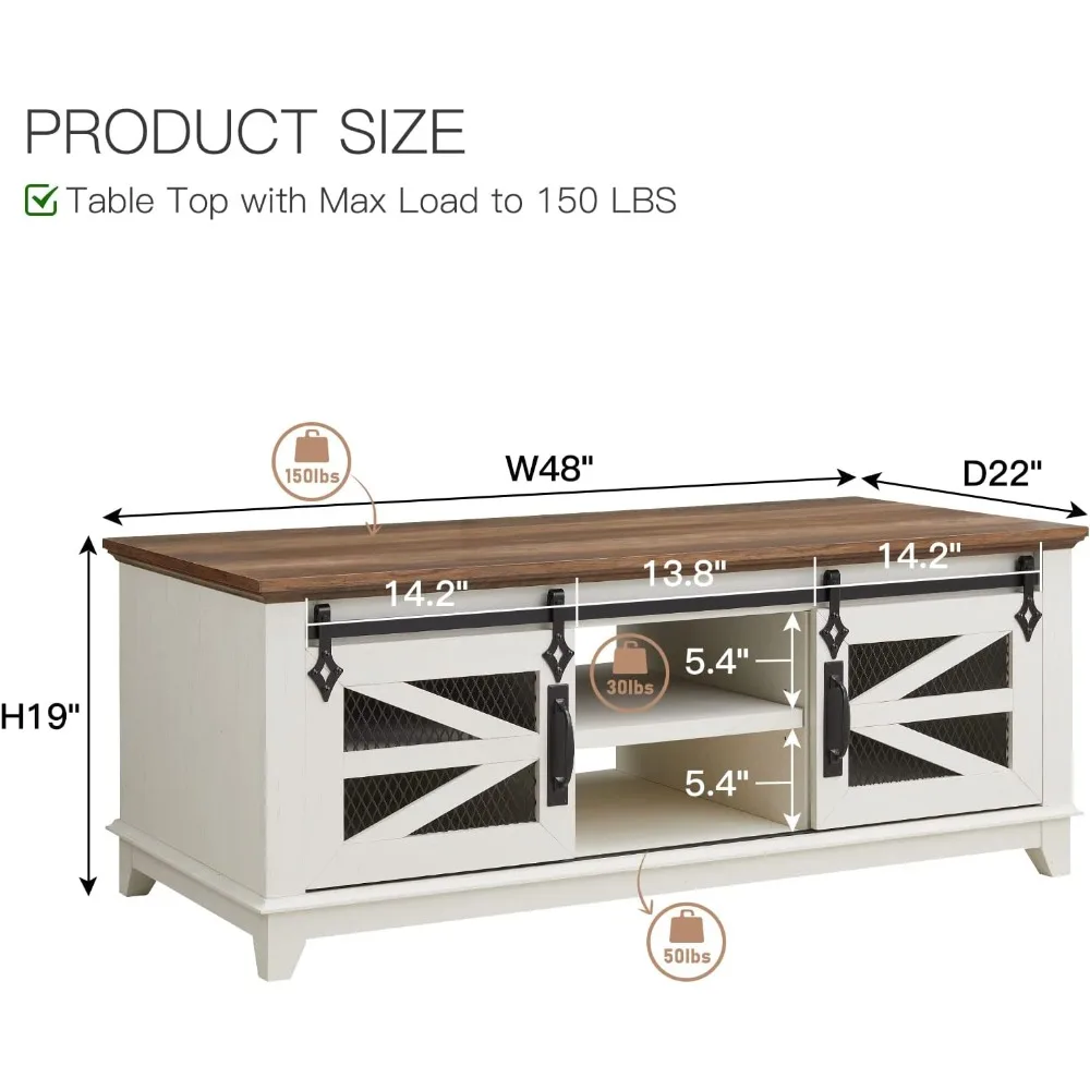 48 Inch Coffee Table with Storage and Sliding Barn Door, Adjustable Shelf, Modern Rectangular Country Style Living Room