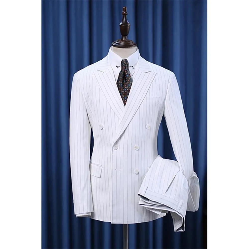 

White Stripe Elegant Men Suits Double Breasted Peak Lapel High Quality 2 Piece Jacket Pants Blazer Custom Made Full Set 2024