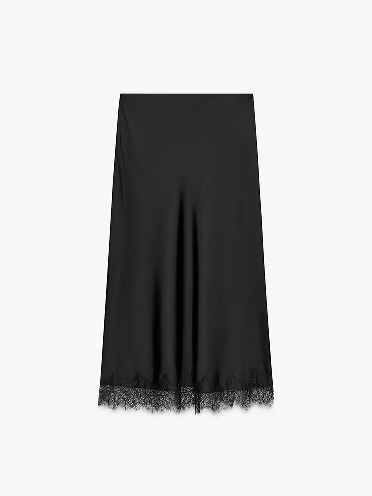 Faionable Lace Trim Zijde Satijn Textuur Midi Rok Dames Nieuwe Collectie Herfst 2025, Ele Toneelkostuum Traditionele Hanfu