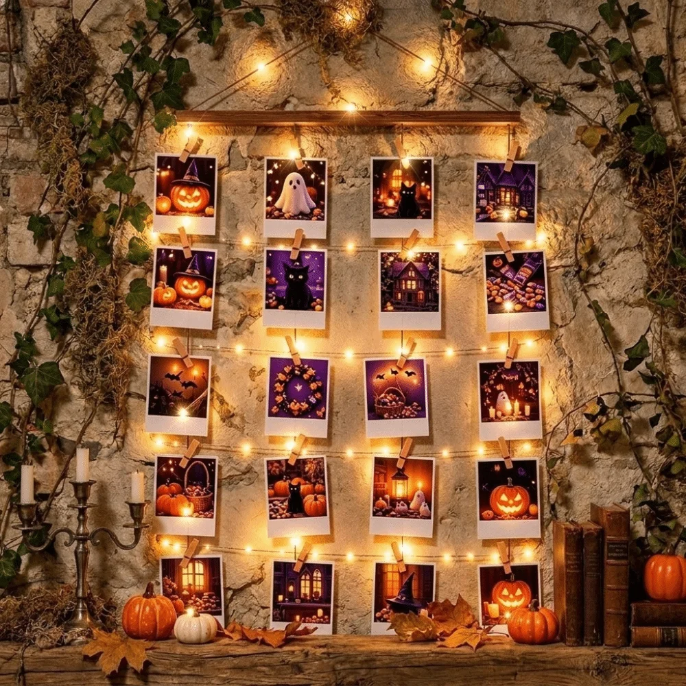 Includes Clips Hanging Photo Display Minimalist Handcrafted Photo Collage Frame Decorative DIY Photo Clip String Light Halloween