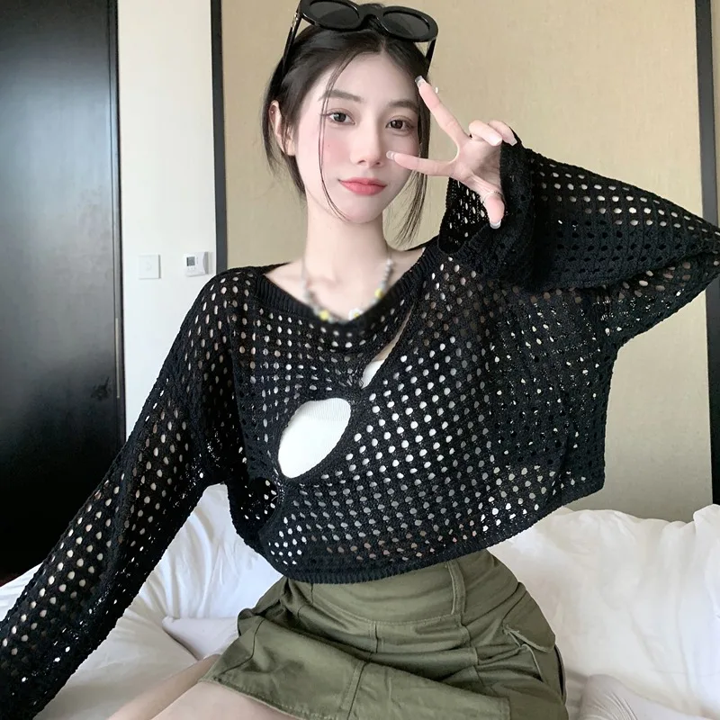 Mesh Loose See-through  Tops Knitted round Neck Women's Blouses