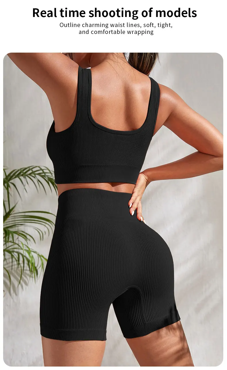 Nahtloses, geripptes Fitness-Set für Damen, einfarbig, gestrickt, 2-teiliges Workout-Outfit, bauchfreies Tanktop, Shorts mit hoher Taille, Yoga, Laufen – Detail 8