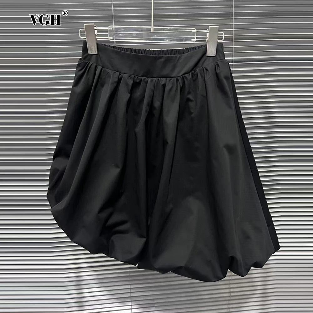 VGH Black Color Basics MiDi Skirt for Women High Waist Spliced Elastic Ruched Sweet Style Skirts Female Fashion Spring Clothes