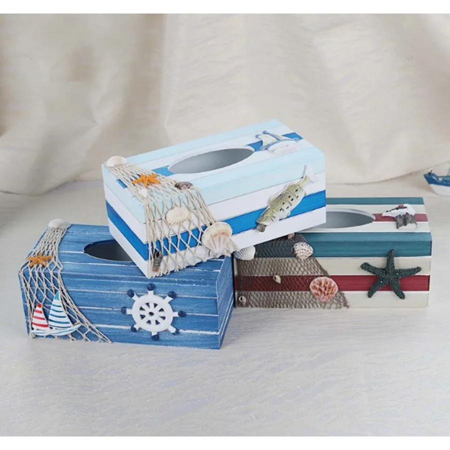 Wooden Tissue Box Holder Rectangle Marine Style Tissue Box Cover for Home Office Bar