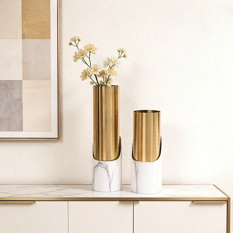 Golden Cylindrical Metal Vase Imitation Marble Base Table Decoration Flowers Arrangement Dried Flower Vases Room Aesthetic Decor