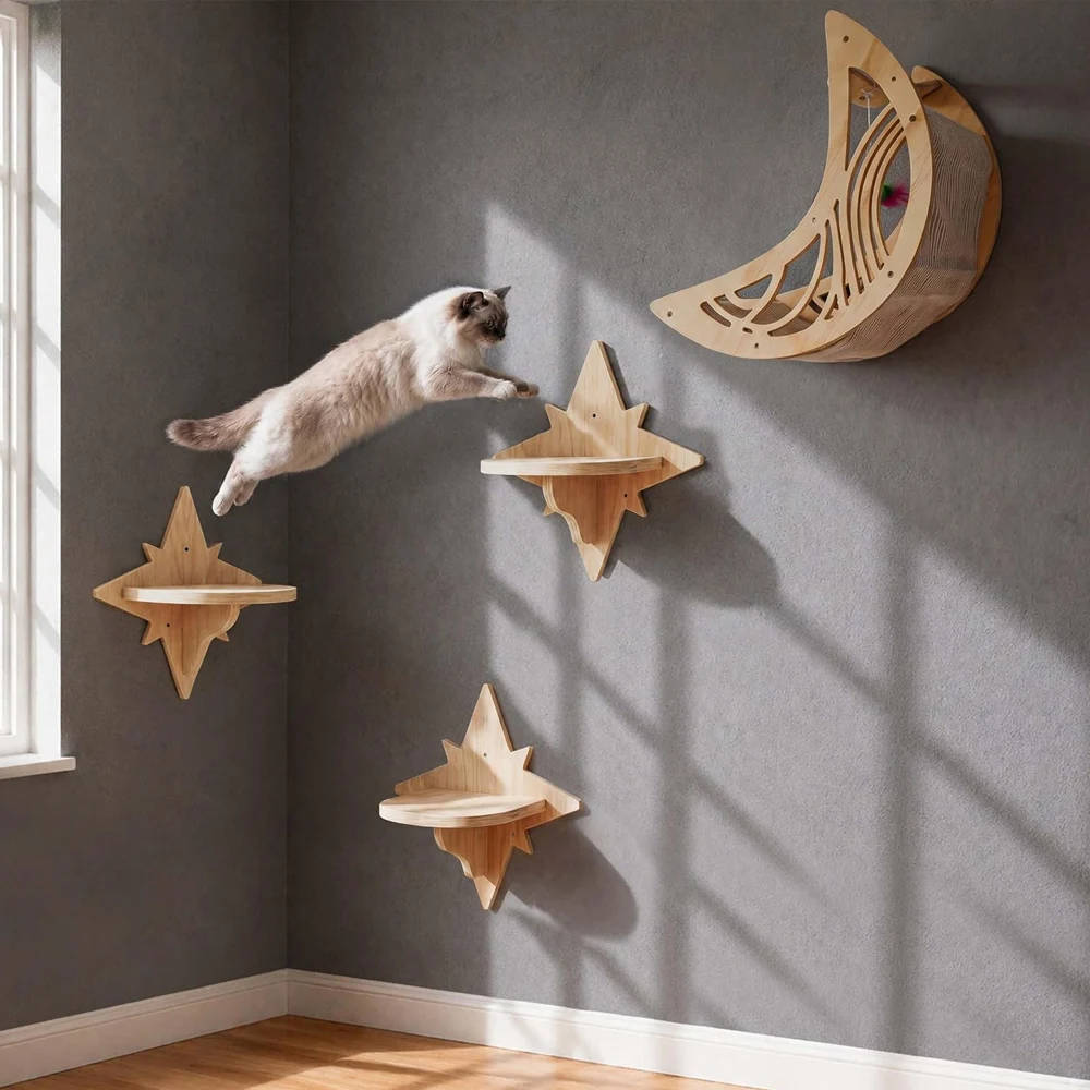 Mond & Stern Katzen-Wandregale: Moderner Holz-Katzenbaum mit Bett, Hängematte und Klettermöglichkeiten für Hauskatzen – Zubehör – Detail 2