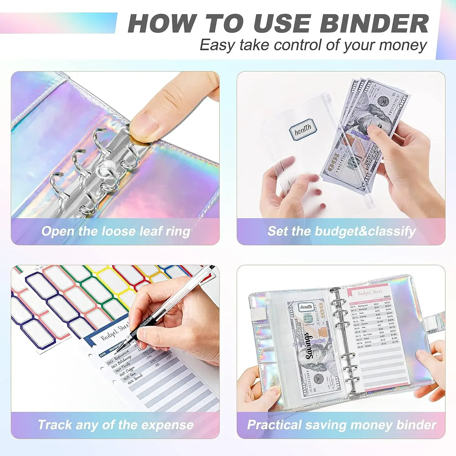 2024 laser Budget Binder Zipper Envelopes Organizer Cash Envelopes for Budgeting Saving Money A6 Planner 6 Pockets Accessories