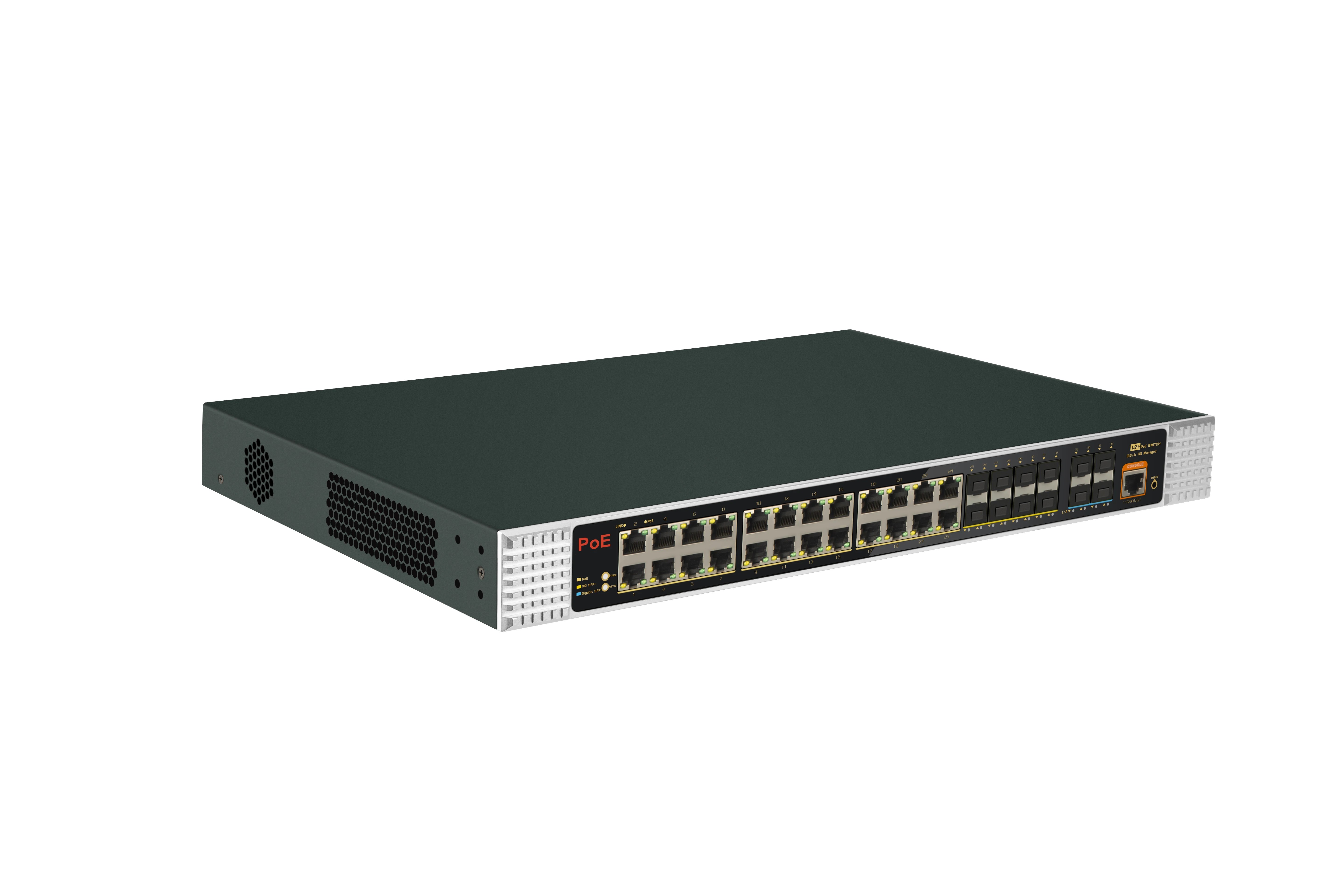 36 Port 6KV L2+Managed Industrial PoE Switch 24*10/100/1000Mbps PoE port+8*10/100/1000Mb SFP+4*10G SFP+  400W VLAN Isolation