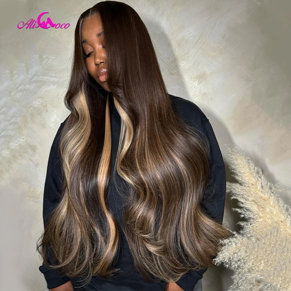 32inch Brown Highlights Blonde Body Wave Human Hair Wig 13x4 Transpaprent Lace Front Wigs Pre-Plucked Long Hair Wig For Woman