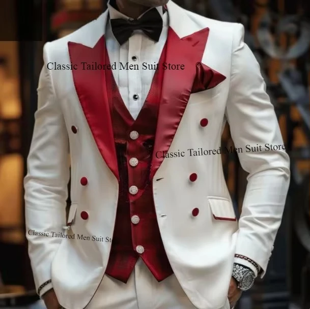 Custom White Three-Piece Suit for Men  Wedding  with Red Accents  Wedding Suits for Men