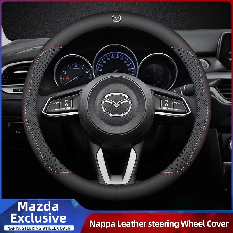 Leather Breathable Car Steering Wheel Cover Anti Slip 38Cm For Mazda 23 CX5 CX30 CX8 CX3 Mazda2 6 5 CX9 BT50 MX5 Car Accessories