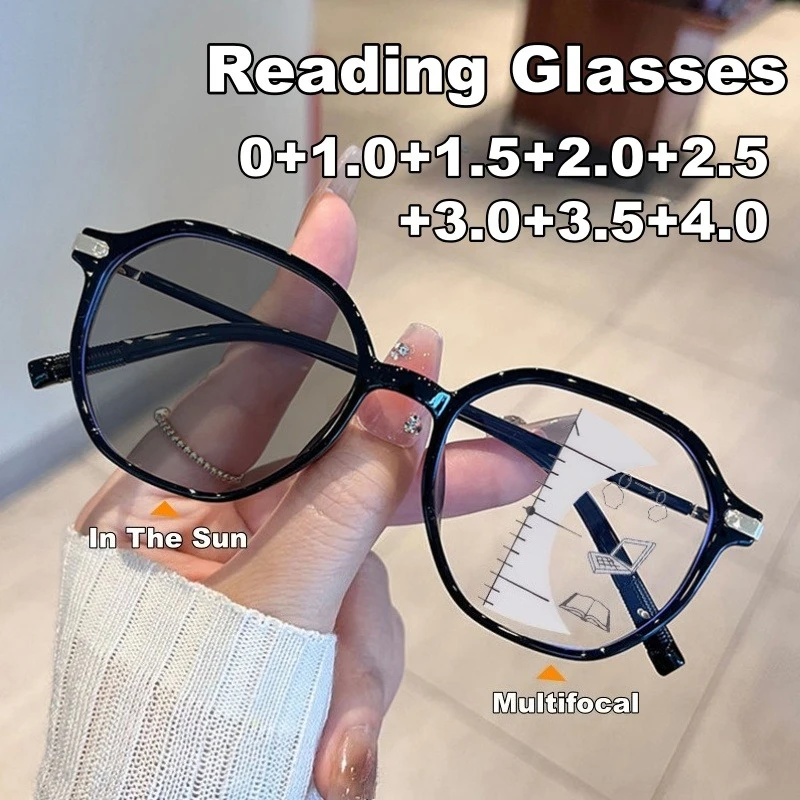 Women’s Photochromic Multifocal Reading Glasses Shiny Oversized Frames Comfortable and Versatile Turn Grey Presbyopia Glasses
