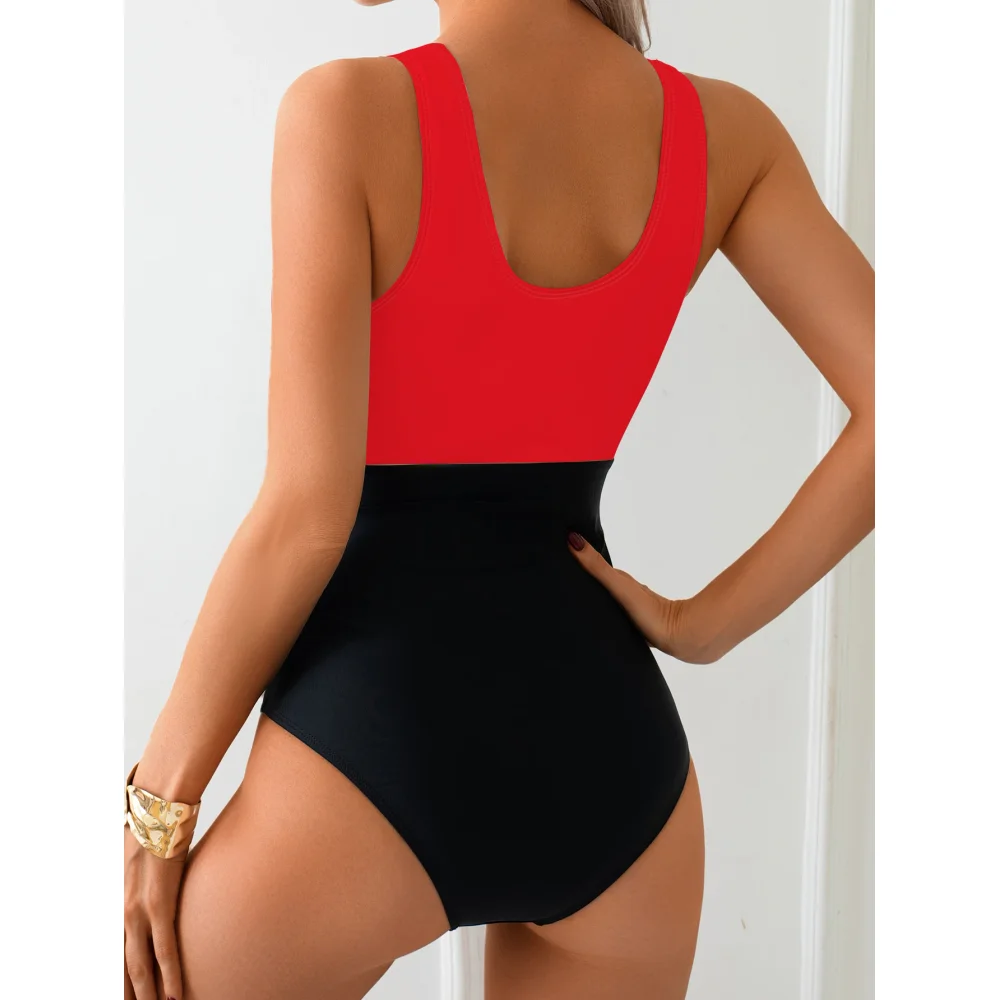 Spliced Color Women's Swimwear V-neck Cross Front Swimsuit Backless Bathing Suit Female Swimming Beach Wear