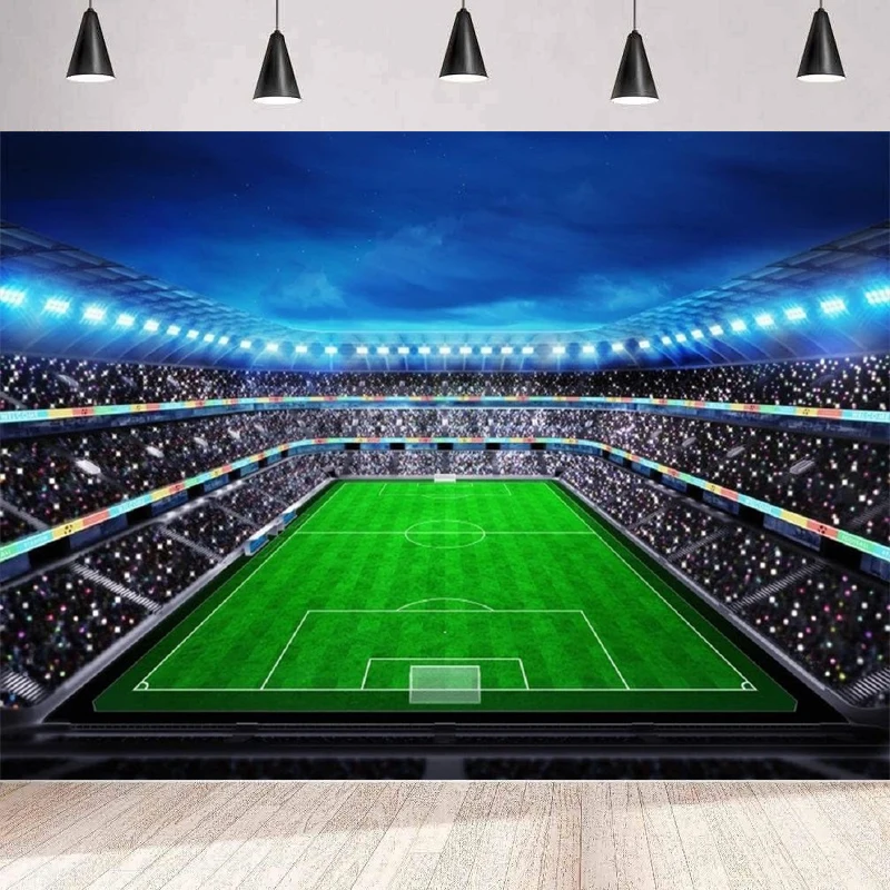 Night Illuminated Football Arena Stadium Photography Backdrop Soccer Pitch Fans in The Stands Background Spotlight League Match