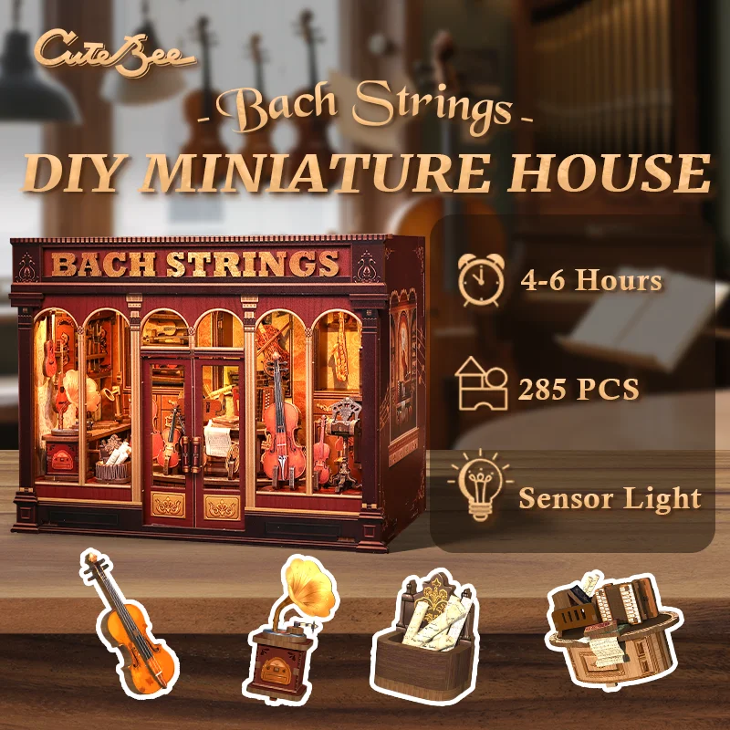 

CUTEBEE Book Nook Kit DIY Doll House with LED Light Bookshelf Insert Bach Srtings Miniature Model For Birthday Family Gift
