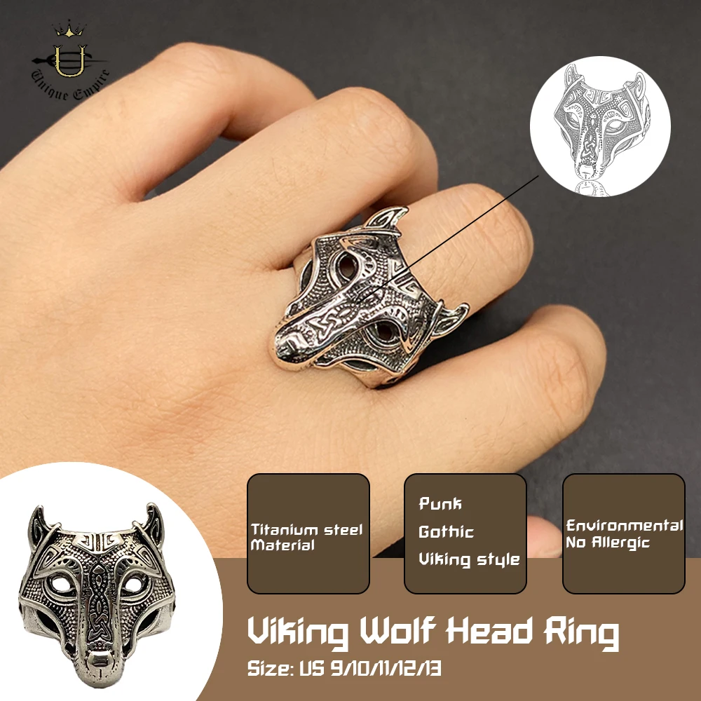 

Unisex Viking Wolf Head Ring Adjustable Norse Mythology Punk Gothic Band Stainless Steel Vintage Jewelry for Men And Women