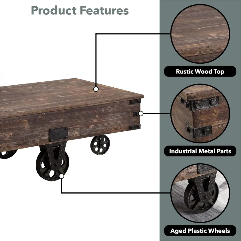TTB Brown Factory Cart Coffee Table, Vintage Center Table Wheels Living Room, Rectangular, Wood, Farmhouse, 47.25 IU