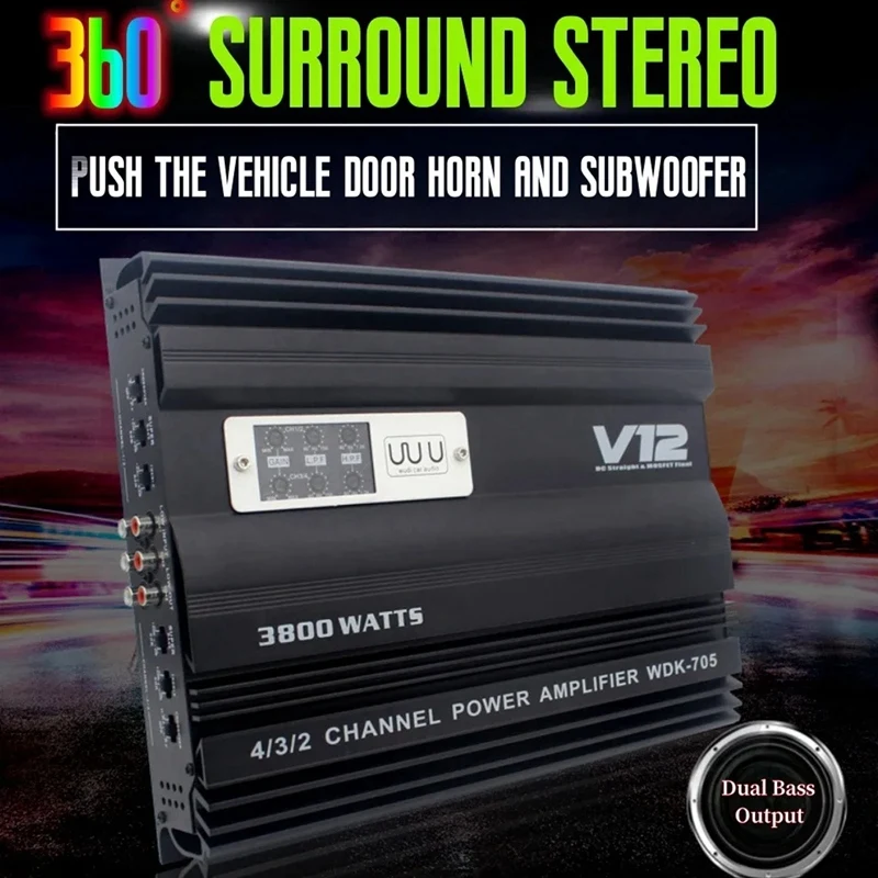 

12V 3800W Car Audio Amplifier High Power Amplifier High Power Dual Bass Output Cart 4 Channel Audio Speaker