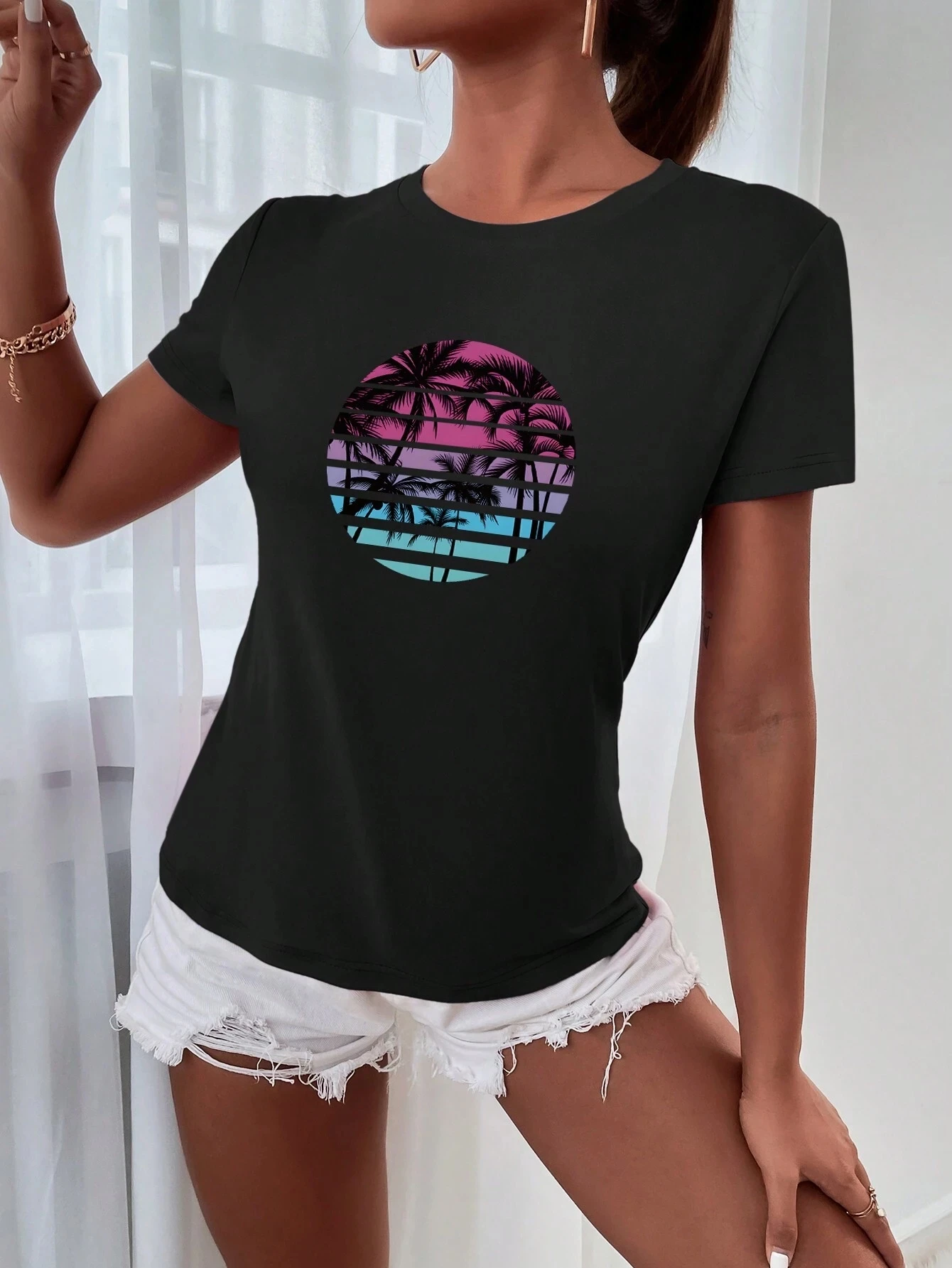 Plus size INAWLY Coconut Tree Sunset Sky Impresso Camiseta de manga curta com decote redondo Camisetas gráficas casuais Mulheres Tops