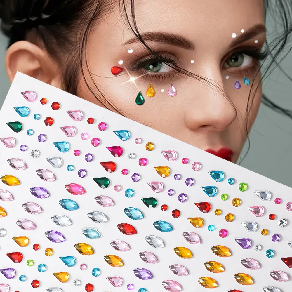 Autocollant de fard à paupières en diamant acrylique 3D, pâte de pierres précieuses pour le visage et le corps, maquillage de scène, fête de mariage, strass, goutte d'eau, tatouage faccal, bijoux