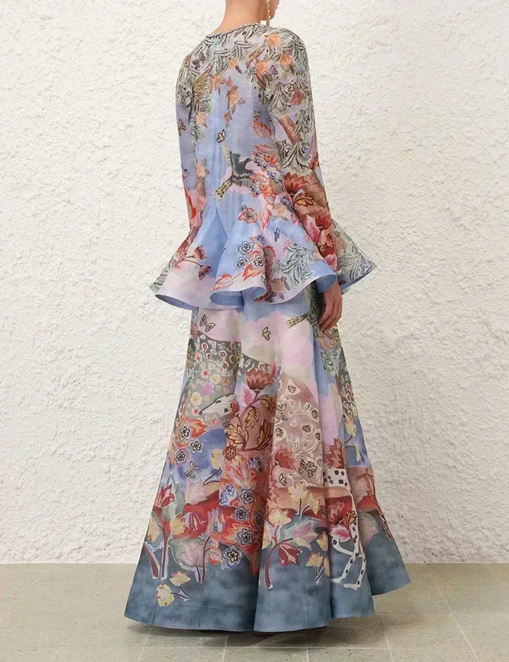 2024 New Hot Autumn Blue Floral Print Ruffles V Neck Pleat Ruched Long Sleeve Maxi Dress for Women