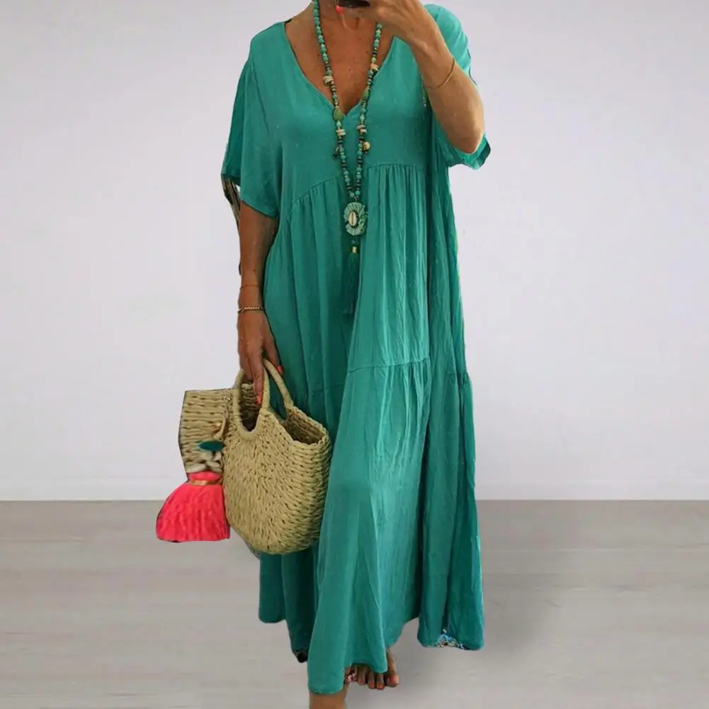 Women Maxi Dress Pleated V Neck Vintage Short Sleeves Patchwork Loose Hem Soft Solid Color Lady Summer Dress