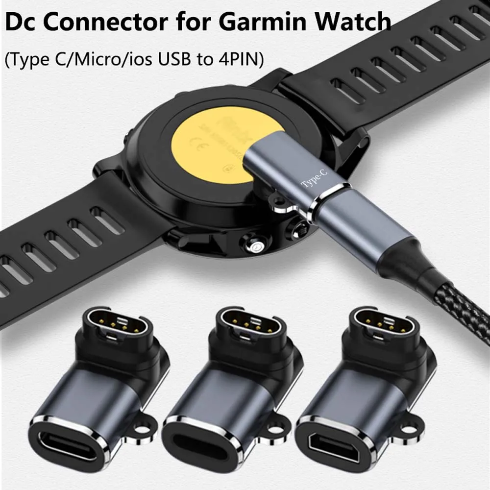 Type C/Micro/IOS USB to 4pin Charger Adapter Connector for Garmin Fenix 7/6/5/7X/6X/5X/ Venu 2 plus Watch Charging Converter