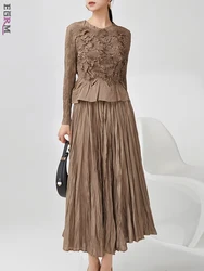 EGRM Miyake Pleated 2 Pieces Set Niche Design Women Full Sleeve Tops + A Line Skirt Loose Solid Color New 2025 Lady Sets 6R9835