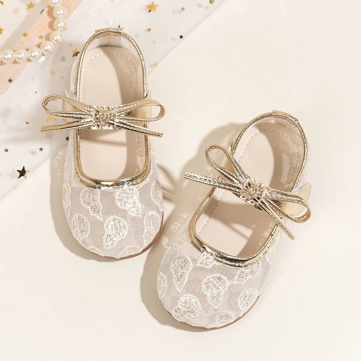 Summer Girl's Sandals Beige Air Mesh Sequin Toddler Children Flat Shoes Round Toe Bow-adorned Sweet Kids Princess Shoe 21-30