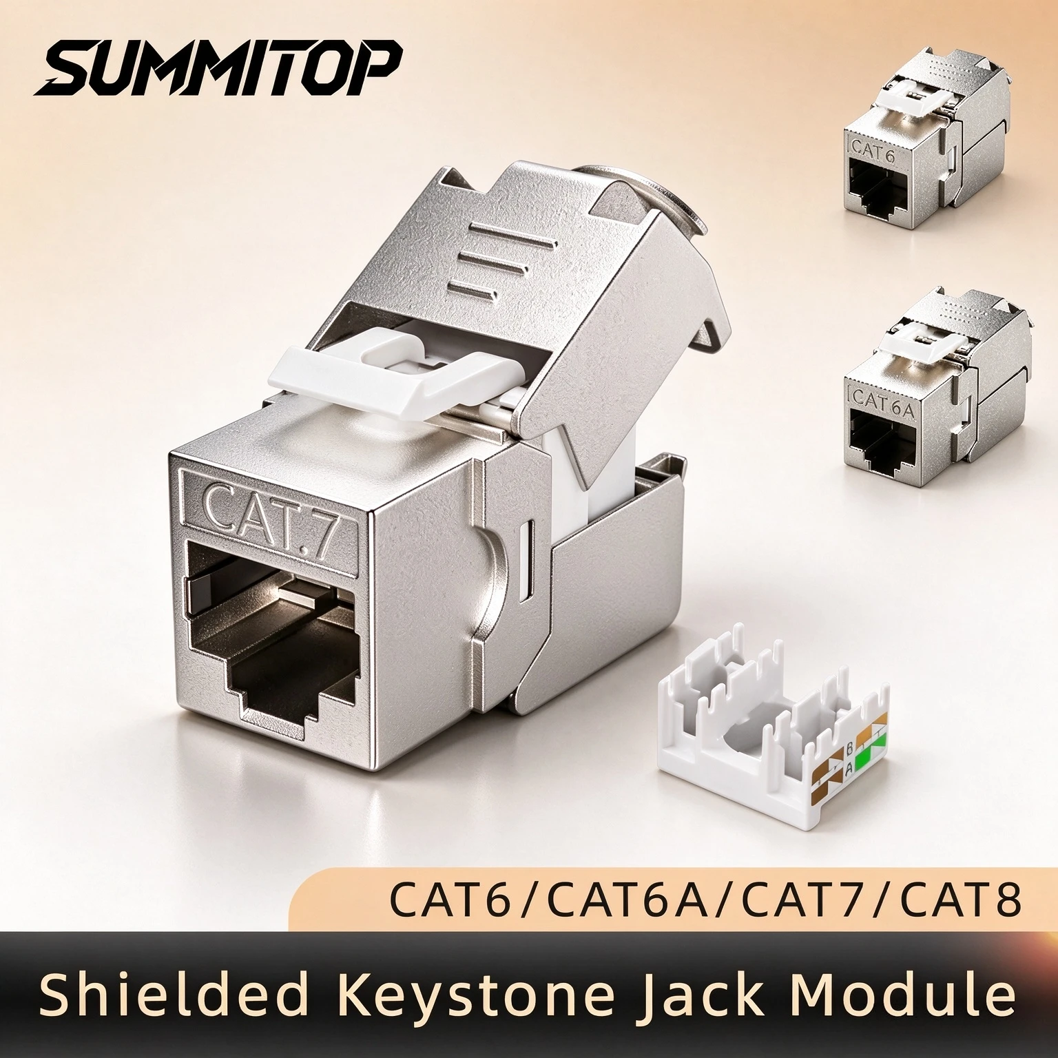 SUMMITOP Cat6a Cat7 Cat8 Keystone Jack Module Cat6 RJ45 STP Toolless Shielded Self-Locking Network Coupler Adapter