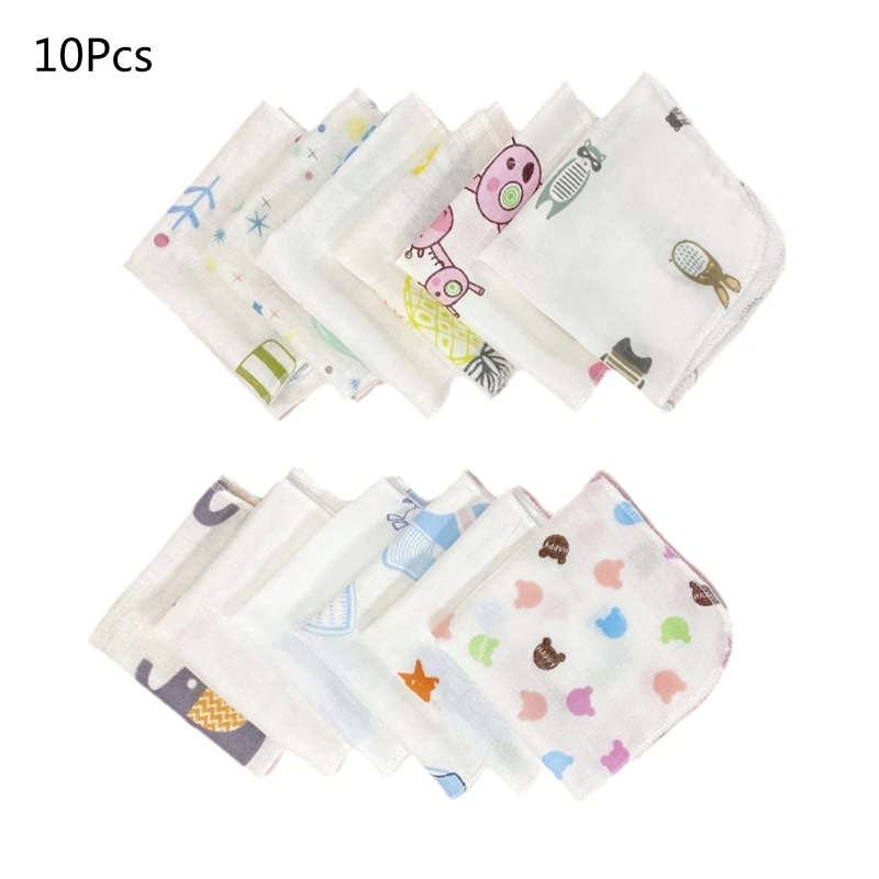 10 pçs 20x20cm conjunto panos banho do bebê bonito desenhos animados impressão dupla camada gaze infantil toalha rosto